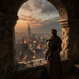 delicious view from standing inside the castle tower looking out at the city atmospheric unreal engine hyperreallistic render 8 k concept art masterpiece screenshot from the video game the elder scrolls v : skyrim moody orange 2 7 0 0 k global illumination