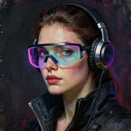 neon cyberpunk hacker with glowing geordi visor over eyes and headset headshot portrait painting by donato giancola, rhads, loish, alphonse mucha, mead schaeffer fashion photography