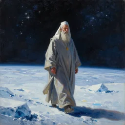 an epic painting of an orthodox patriarch walking along an airless icy planet in the endless starry night of space, unreal 5, DAZ, detailed, soft focus, brilliant, 4k, 8k, HD, trending on artstation, art by Rick Guidice painting by Robert McCall by John Harris, abstract