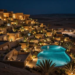 habitat 6 7, terraced architecture hotel in the dessert, many plants and infinite pool, night, cinematic, cyberfunk