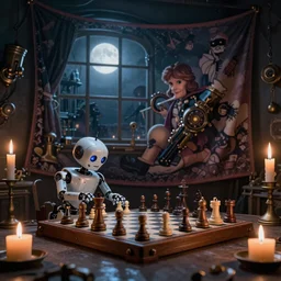 a beautiful tapestry, a small robot playing chess, ultra detailed, subtle atmospheric lighting, shadows, night time, moon light shining through a window, steampunk, moody, candles, characters from star wars, by don bluth, trending on artstation, octane render, 8 k, ultra realistic