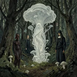 illustration forest, artstation, by aubrey beardsley, by ben enwonwu, by caspar david friedrich, by laurie lipton, by kay nielsen, by ivan shishkin, calligraphy, divine, paradox, array, translucent, lace, mycelium, as symbol of soul journey!!!!!!!!!!!!, terrifying wilderness, witchcraft!!!!!!!!!, hope