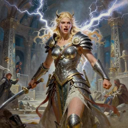 A mixed media painting of the beautiful blonde goddess of war infused with lightning, very aesthetic, detailed face, elven armor, by Frank Frazetta, Greg Rutkowski, Boris Vallejo, Beeple, Yoko Taro, Christian MacNevin, epic fantasy character art, goddess of anger, viking runes, high fantasy, CGsociety, full length, exquisite detail, post-processing, low angle, masterpiece, cinematic, odin's stone arena background