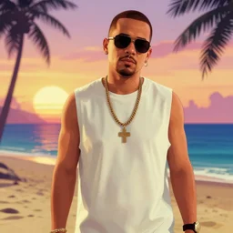 an gta vice city style art of a guy wearing sunglasses on the beach in a sunset