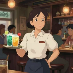 a wholesome animation key shot of jennifer connelly as a waitress carrying drinks in a crowded downtown bar, medium shot, waist up, studio ghibli, pixar and disney animation, sharp, rendered in unreal engine 5, anime key art by greg rutkowski, bloom, dramatic lighting