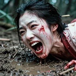 1 9 7 0 s movie still close - up of a bloody white japanese female ghost yelling, head inside the mouth going out of mud puddle, big teeth, swamp backround, cinestill 8 0 0 t 3 5 mm eastmancolor, heavy grain, high quality, noir, natural textures, photorealistic, ambient occlusion, hd, ultra wide lens, anamorphic, fade