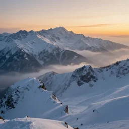 tall snowy mountain range, realistic, detailed, fog, award winning photo, sunset, 8 k