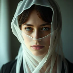 hight focus of a wonderful realistic focused symmetrical wonderful mid portrait of a realistic lonely woman with a semi transparent white veils wrapped around her face, dramatic light, octane render - 8 k