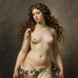 an hyperrealistic mythological oil painting of venus with long curly brown hair, full body, wearing floral dress, sleeping in a giant scallop shell, near the seashore, intricate, elegant, renaissance style, by sandro botticelli -