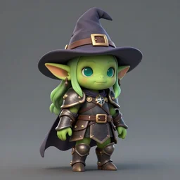cute tiny goblin girl with green skin wearing hunter armor from Bloodborne and a wizard hat, d&d, art by Zone