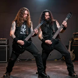two men in jumpsuits playing death metal guitar