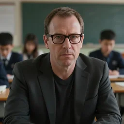 film still of agent smith working as a primary school teacher in a classroom in the new matrix movie, 8 k, highly detailed face, dark glasses