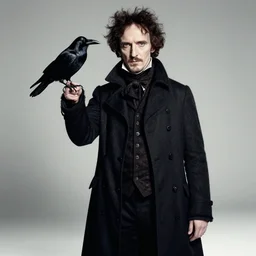 stunning editorial fashion photography, edgar allen poe posing with a raven, creative studio photography by patrick demarchelier