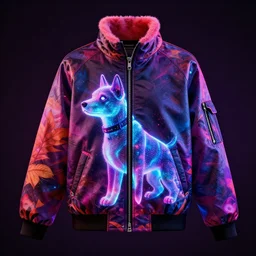 autumn season rave jacket with led skin and fluffy lining in the style of cyberdog, product shot, dark background, neon lighting