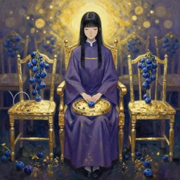 priestess of chairs and blueberries. gouache and gold leaf by award - winning mangaka, chiaroscuro, bokeh, backlighting, field of depth