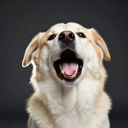 a close-up, color studio photographic portrait of a dog meowing, dramatic backlighting, photo from Life Magazine, national geographic, pinhole photo
