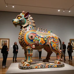 etablishing wide view shot of stunning colorful intriguing polished painted massive clay sculpture of a mythic animal by beth cavener in museum. ellen jewett, beth cavener, sayaka ganz, edouard martinet, john o'reilly and judith klausner