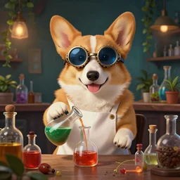 a beautiful stunning interesting photorealistic digital illustration of a corgi wearing steampunk safety goggles and a white apron while mixing potions, in a potion shoppe, colorful bottles and plants, awesome and moody, by marc poole and tyler edlin