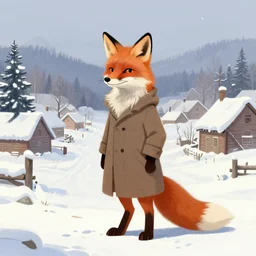 an anthropomorhpic fox wearing a long coat in a snowy village, character illustration by greg rutkowski, thomas kinkade, artstation