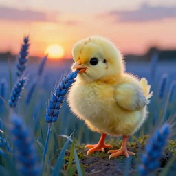 a psyhcedelic tiny chick eating blue wheats, rembrandt style, sunset light, colourfull photo, 4 k.
