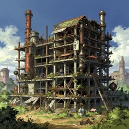 a beautiful very detailed anime illustration of unfinished building industrial architecture nature architecture townhome by b. v. doshi, retro apocalyptic evil scumm bar galactic steampunk sci - fi, archdaily, wallpaper, highly detailed, trending on artstation.