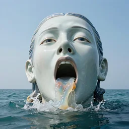 a massive porcelain sculpture of a surreal distorted human face vomiting jelly on the ocean water, in the style of johnson tsang, lucid dream series, cinematic, hyper - realistic, very detailed, realistic water splashes, ray tracing, 8 k resolution, long - shot, sharp focus, low angle, 8 5 mm photograph, wide lens