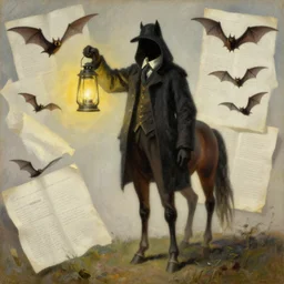 the headless horseman, holding a lantern, as a matte oil painting and d & d character art, by gustave caillebotte, standing, fullbody, flying bats, loose pages, concept art, award - winning, extremely detailed, sharp focus