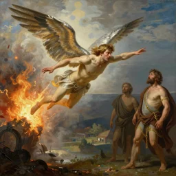 an awe-inspiring thomas cole digital art landscape painting of Icarus crashing and burning while his father Daedalus looks on in disbelief, unreal engine, 4k, matte