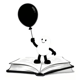 book illustration of a balloon character holding a inflated human by a string, book illustration, monochromatic, white background, black and white image