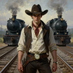 a dramatic ethereal epic symmetrical painting of a handsome villainous cowboy standing in front of railroad tracks with a train locomotive | his shirt is unbuttoned and he has a pocketwatch | ( steampunk ), homoerotic. highly detailed painting by gaston bussiere, craig mullins, j. c. leyendecker 8 k