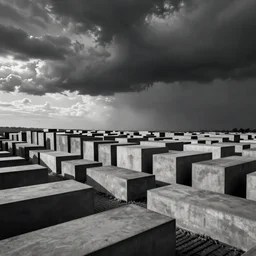 boxes lined up across the horizon, holocaust memorial, rows of stele, zdzislaw beksinski