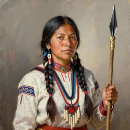 Portrait painting of a native american female holding a spear, artstation