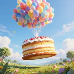a giant floating cake suspended to plenty of floating birthday balloons. beautiful landscape. digital art, highly - detailed, artstation cgsociety masterpiece