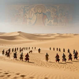 Sogdian soldiers fighting Chinese Tang imperial soldiers in a sandy desert with no monuments, volumetric lighting, beautiful scenery, hd, hdr, cinematic 4k wallpaper, 8k, ultra detailed, high resolution, artstation, early medieval, mural