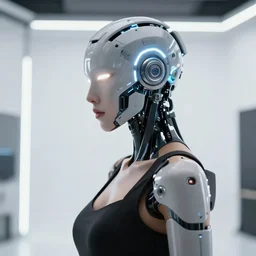 profile side photo of sensual dancer as a cyberpunk mecha humanoid robotic head shoulder parts with straight bright led lights, inside white room, ultra - realistic and detailed, 8 k