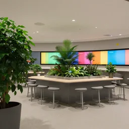 (Microsoft retail interior. empty stools, verdant plants, colorful digital screens) muted palette, architectural photography, wide shot, XF IQ4, 14mm, f/1.4, ISO 200, 1/160s, 8K, RAW, unedited, symmetrical balance