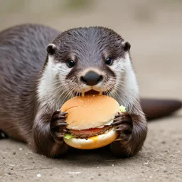 photo of an otter eating a hamburger, high quality, 4k