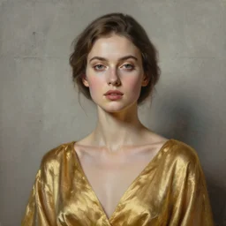 minimalist oil matte portrait painting, woman in a shiny golden dress, concrete wall background detailed face, wonderful masterpiece highly detailed, beautiful cinematic light deep focus, elegant, smooth, sharp focus, golden ratio, dramatic illumination, ultra realistic, 8 k, art by kristina alisauskaite and caravaggio