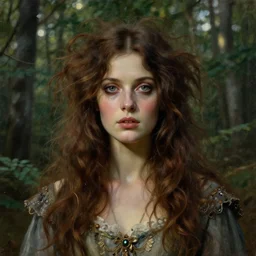 a beautiful and eerie baroque painting of a gorgeous woman from vermont, with wild hair and haunted eyes, 1 9 7 0 s, woodland, afternoon light, delicate embellishments, painterly