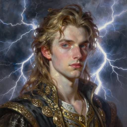 painting by krenz cushart, portrait of a handsome prince, surrounded by the thunder and lightenings, finely detailed features, intricate brush strokes, beautiful lighting, trending on pixiv fanbox.