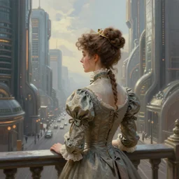 portrait of a victorian lady in a futuristic city, from behind, streets, beautiful, sci-fi, open sky, tall buildings, highly detailed, digital painting by Peter Mohrbacher