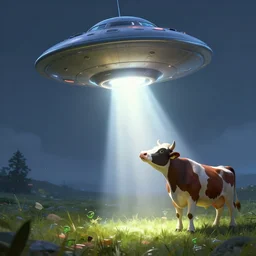 an ufo picking up a cow with light beam, highly detailed, digital art, 8k, trending on artstation