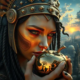 battlefield of trojan war, trojan horse, closeup portrait of eris discordia, holding an reflective gold!!! metal apple, goddess of chaos, space face, fantasy character portrait, ultra realistic, wide angle, intricate details, artifacts, luminous skies, michael cheval, peter mohrbacher, boris vallejo, jessica rossier, oil painting, highly detailed, cinematic lighting, unreal