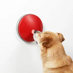 dog pressing big red button
