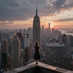 a woman standing on a ledge overlooking an axonometric 1920s New York City at dawn, by Rolf Armstrong and Evelyn De Morgan and Bastien Lecouffe-Deharme, dramatic lighting, high contrast colors, baroque, empyrean, panoramic view, as trending on Artstation, highly detailed, doom engine,