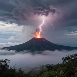 A volcano island erupting in the distance, clouds and lighting forming above