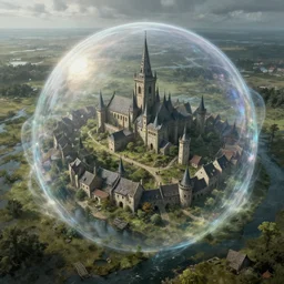 high airborne view of a downtrodden medieval town by a river in a swamp surrounded by a visible magic translucent bubble shield bubble shield bubble shield, 4k, by Greg Rutkowski, fantasy, mix of celtic and Rus architecture, visible bubble shield, cinematic