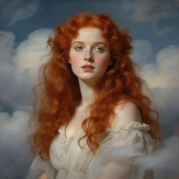 portrait of a redhead maiden in the clouds , in the style of gustav moreau, jean delville,  Gaston Bussiere and roberto ferri, composition by austin osman spare