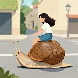 a girl riding a big snail on the streetr, art by stevan dohanos