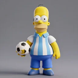 render of homer simpson dressed with argentinean t - shirt with a futbol ball in his hands, octane render, blender model, 3 d model